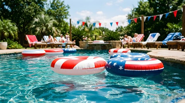 Fourth of july pool party with patriotic floats and lounge chairs in a backyard setting