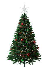 Fototapeta premium majestic, symmetrical christmas fir tree with emerald needles, red velvet and glossy green baubles, illuminated crystal star, isolated on transparent studio background with copy space. concept of