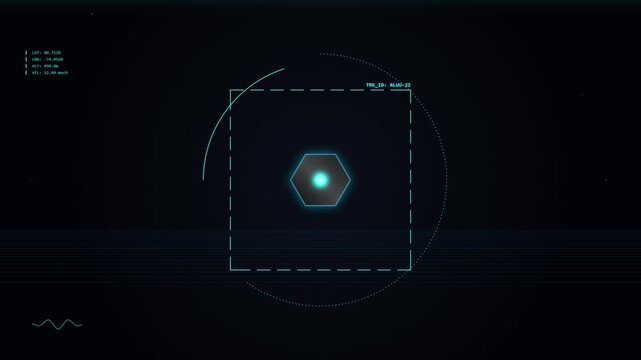 Futuristic HUD targeting interface tracking a glowing hexagonal object