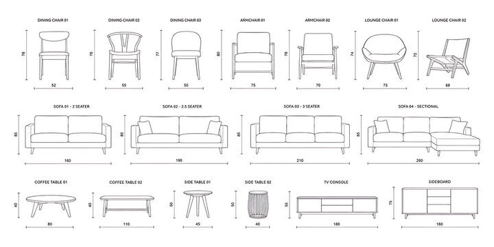 Modern furniture technical drawings with dimensions, set of 17 interior design icons, architectural line art of chairs, sofas and tables isolated on White Background ai