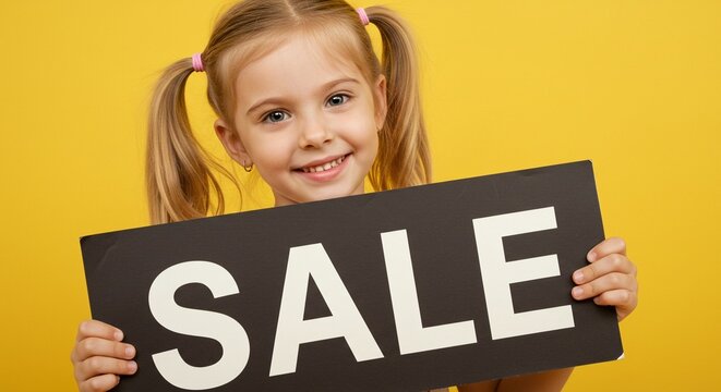 A young girl holding a black sign with the word SALE in large white letters on a bright yellow background.