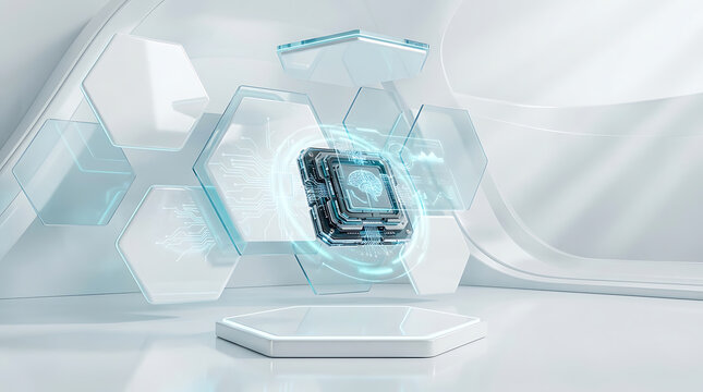 Futuristic microchip with glowing blue light effect floating above a hexagonal pedestal in a clean, white, high-tech environment.