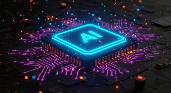 A futuristic computer chip with a glowing blue AI logo on a dark circuit board background
