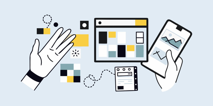 Hands Presenting Browser Window And Smartphone With Graphic Elements Vector Illustration