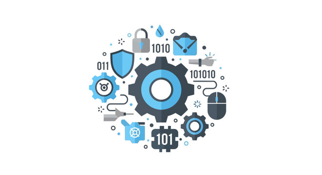 Technology and Cybersecurity Automation Concept with Gears, Binary Code, and Digital Icons for IT Infrastructure, Data Protection, and System Optimization