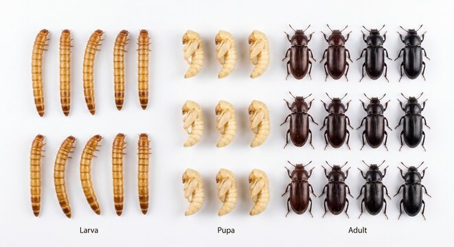 A comprehensive life cycle chart showing mealworm larvae, pupae, and adult darkling beetles.