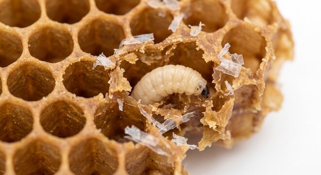 A close-up view of a single honey bee larva developing inside a hexagonal wax honeycomb cell.
