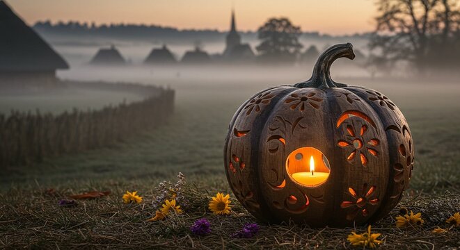 A carved pumpkin with a lit candle inside sits in a field of flowers at sunset