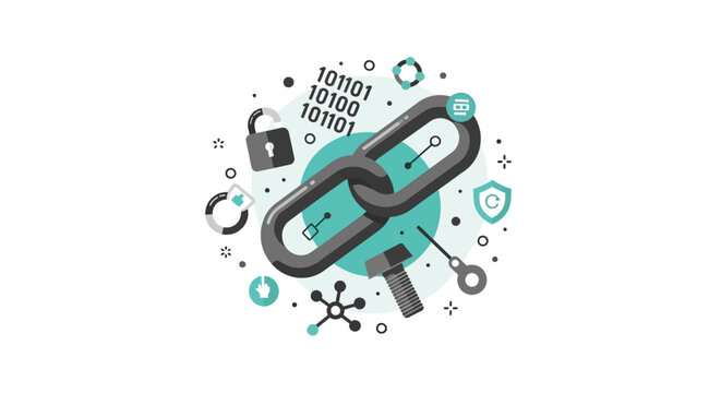 Modern flat vector illustration representing blockchain technology, cybersecurity, and data encryption concept with chain links, padlock, and binary code elements