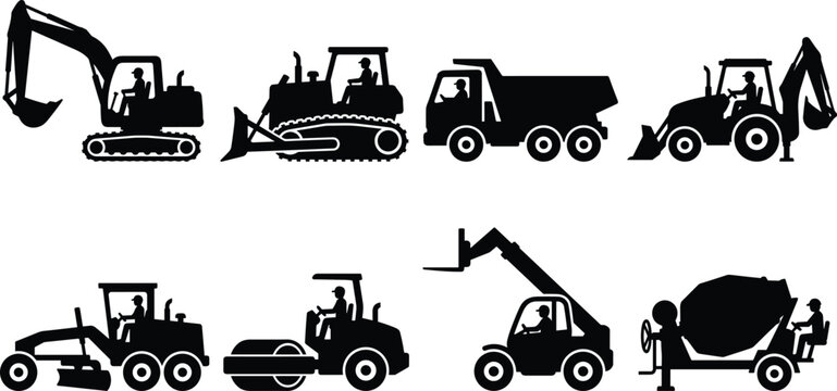 Set of heavy construction machinery and industrial building vehicles in black silhouette style