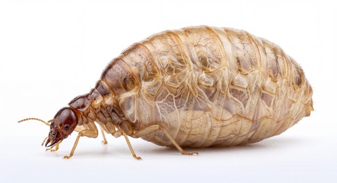 A detailed macro shot of a single bed bug nymph isolated against a clean white studio background.