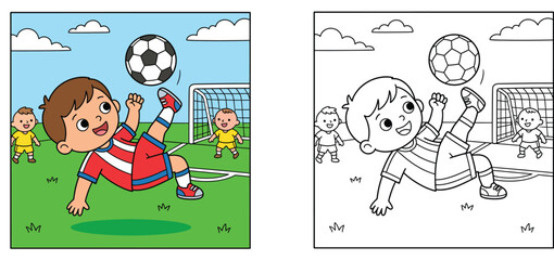 Kids soccer coloring page with colored template, cartoon boy doing bicycle kick on football field, vector illustration for children coloring book. © MSTA