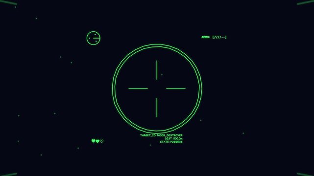 Digital video game heads up display with green targeting crosshair reticle