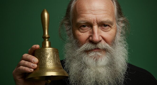A close-up portrait of an elderly man with a long white beard holding a small golden bell.