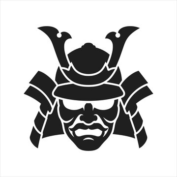 A professional vector illustration of a samurai helmet with a stern face, symbolizing Japanese culture and warrior spirit, in a bold black and white design.