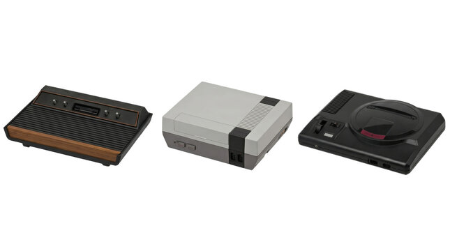 Three legendary retro game systems including wooden atari 2600 nes and sega genesis isolated on transparent background.
