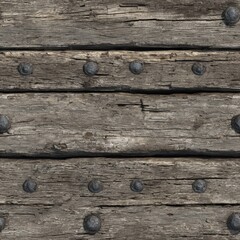 Fototapeta premium Medieval weathered grey wooden panels with round iron rivet detailing background medieval construction distressed material