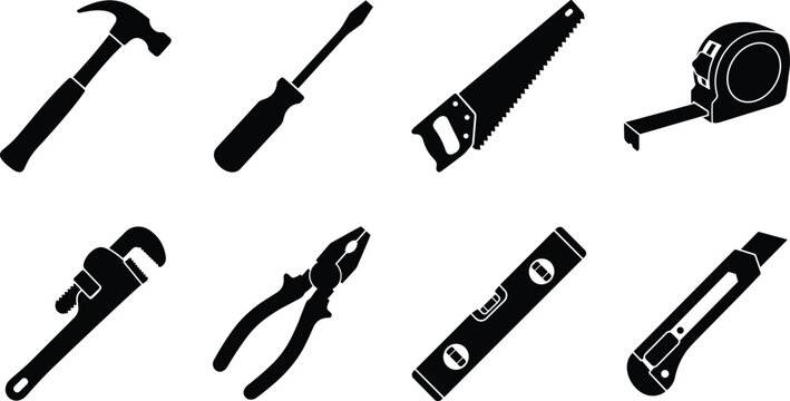 Set of manual hand tools and carpentry hardware icons in black silhouette style