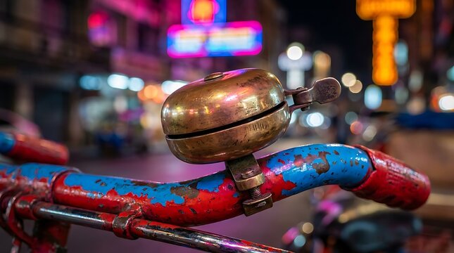 Close up of a vintage polished brass bell on a colorful traditional rickshaw handlebar in Bangladesh, authentic local transport and vibrant South Asian cultural travel concept, street photography.