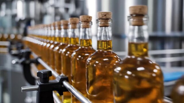 Rows of glass bottles filled with golden liquor and cork stoppers moving along a production line in a modern distillery