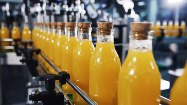 Rows of glass bottles filled with orange juice on an automated factory conveyor belt with cork stoppers