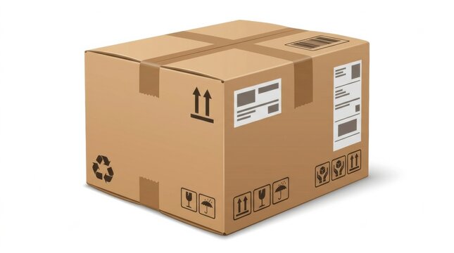 Brown cardboard box with shipping labels and handling instructions set against a plain background