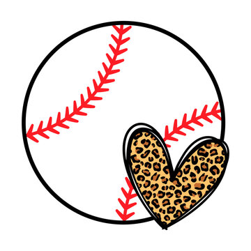 Baseball with leopard heart svg cut file. Isolated vector illustration.