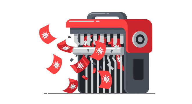 Conceptual Illustration of a Paper Shredder Destroying COVID-19 Virus Documents, Representing the End of the Pandemic, Eradication of the Virus, and Return to Normalcy.