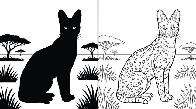 Serval Cat Pair, One in Solid Black Silhouette and One Outline Illustration, Sitting in a Safari Landscape.
