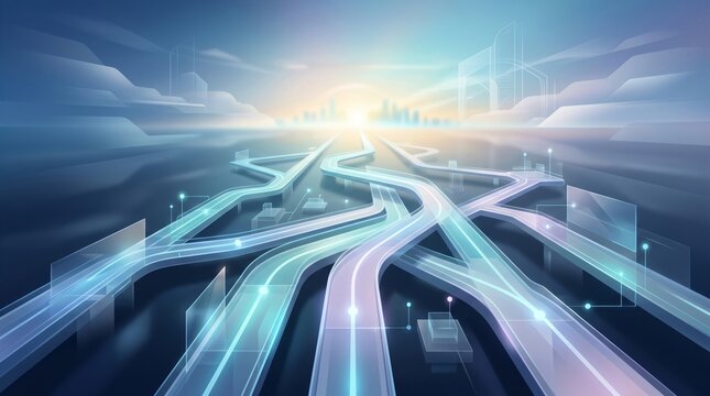 Glowing digital roads connect complex data pathways in a futuristic abstract landscape of illuminated light lines