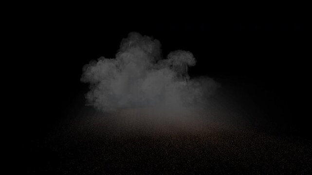 Explosion with debris and smoke on alpha channel. Fire blast with flying particles isolated. Realistic ground explosion with smoke and falling debris. Detonation with fire and debris