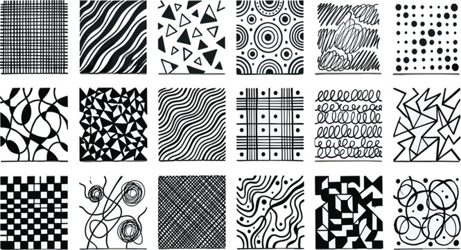 Black and White Hand Drawn Abstract Geometric Pattern Swatch Set with Dots Stripes Triangles Scribbles and Textures for Graphic Designs
