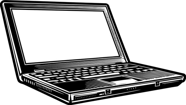 Laptop computer with an open blank screen sits in a classic black and white woodcut illustration style.