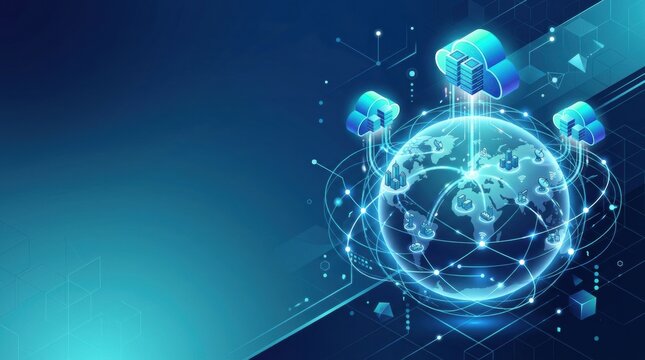 Global data network connecting cloud servers with digital communication elements and graphics illustrating technology and connectivity