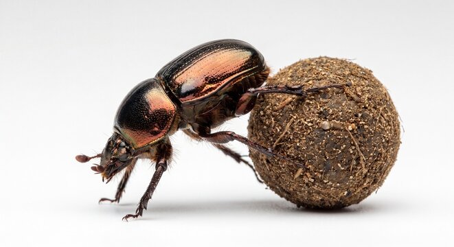 A shiny metallic dung beetle pushing a large round ball of dirt across a white studio surface.