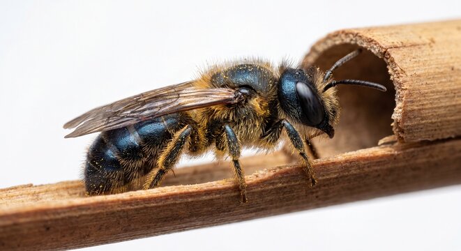 A solitary mason bee resting near the entrance of a wooden nesting tube on a white background view.