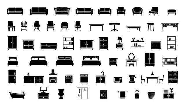 Minimalist furniture icons set, black silhouette home interior elements, modern house furnishing collection for floor plans and architectural design isolated on White Background ai