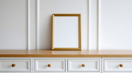 Fototapeta premium Blank Gold Frame Mockup on Wooden Sideboard with White Drawers Against Clean Wall
