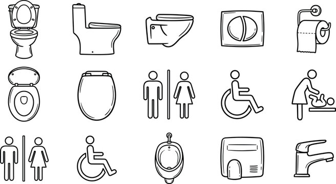 Public Restroom and Bathroom Line Art Icon Set with Toilet Bowl Urinal Flush Button Paper Roll and Accessible Sign Elements for Wayfinding Designs