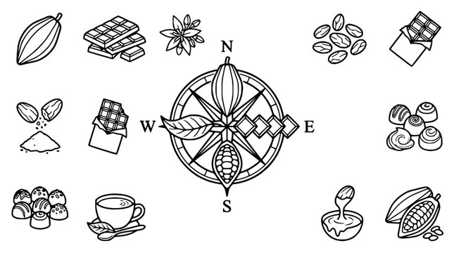 Chocolate Compass Illustration: Cacao Beans, Bars, Pralines, Hot Drink
