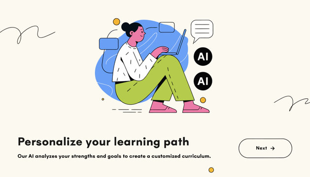 E-learning, personalized learning, AI education, illustration, vector graphics, educational technology
