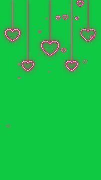 valentines day neon lights hearts and glitter shiny strings isolated green screen animation,chroma key valentine love romantic red vertical social media motion design element