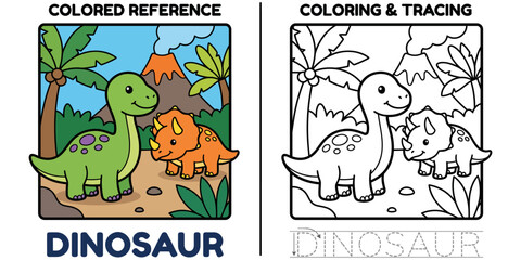 Dinosaur coloring page for kids with colored reference image © JR Studio