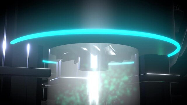 Extreme close-up panning over a Eco-friendly decarbonization turbine featuring a glowing green and cyan clean tech reactor inside.