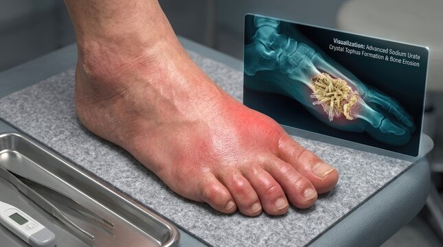 Inflamed appendage distress: gout symptom, swollen digit, painful joint, uric crystal, bone erosion, medical diagnosis, acute episode, podagra presentation, patient discomfort.
