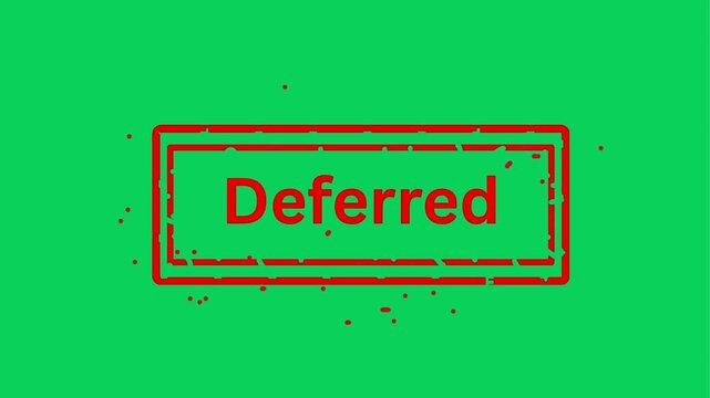 Red word eferre with deferred stamps on green background during animation