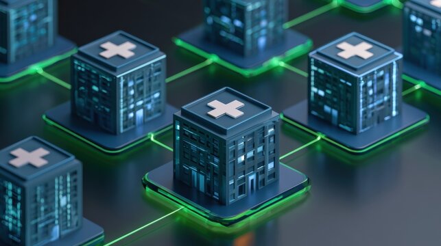 Multiple hospital icons are linked in a network design. Medical data stays local while AI model insights are shared among hospitals.
