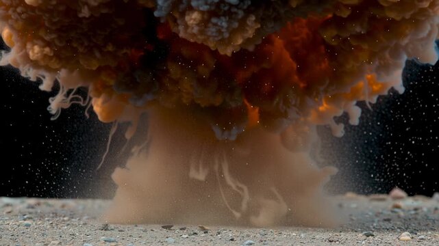 Explosion fireball with intense fire and dark smoke clouds isolated on a black background