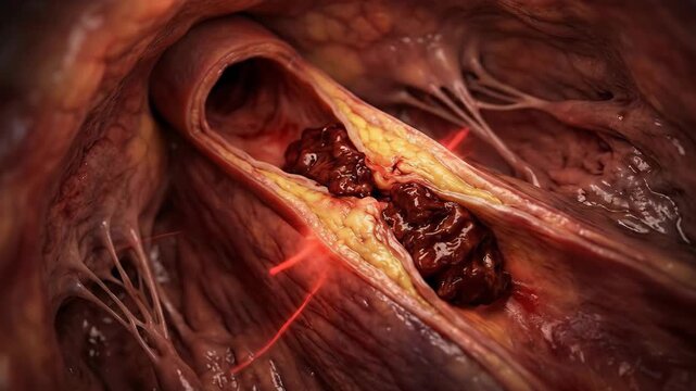 Circulatory flow impedance: thrombosis condition, vascular obstruction, blood clot, fatty plaque, artery wall, tissue damage, inflammation evidence, health risk.