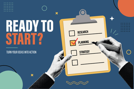Halftone Pop Art Collage with Hands Holding Clipboard and Checklist. Ready to start business planning, research, and Strategy Concept. Turn Your Ideas Into Action. Retro Vintage Style Banner